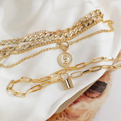 Charm Fashion Multilayer Gold Color Thick Chain Lock Pendant Necklace