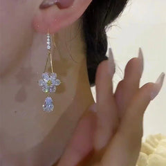 Elegant White Zircon Flower Drop Shape Pendant Gold Color Earrings