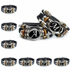 A leather bracelet featuring A-Z English letters, with 26 initial letters in cabochon glass.