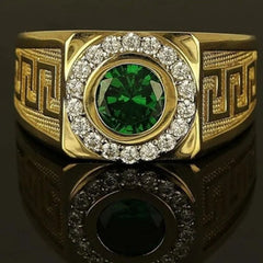 This is a fashionable men's classic gold-colored ring, exquisitely inlaid with a green stone.