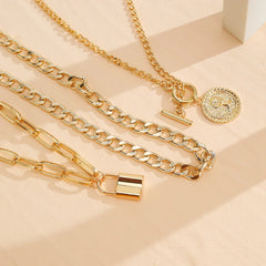 Charm Fashion Multilayer Gold Color Thick Chain Lock Pendant Necklace